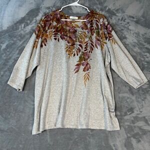 CJ Banks Womens 2X Gray Autumn Leaf Print 3/4 Sleeve Knit Top Rhinestone Accents